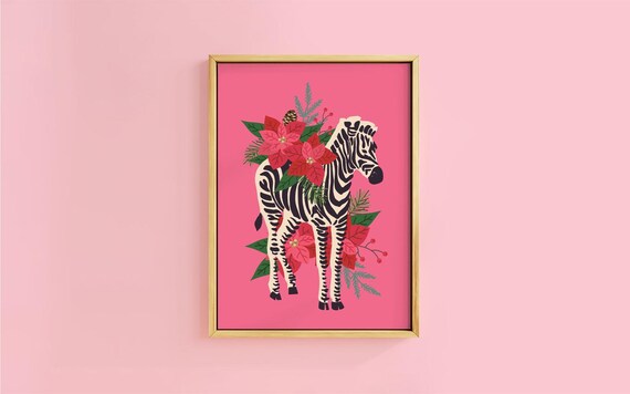 Charming Zebra Poinsettia Pine Hot Pink Festive Botanical Poster