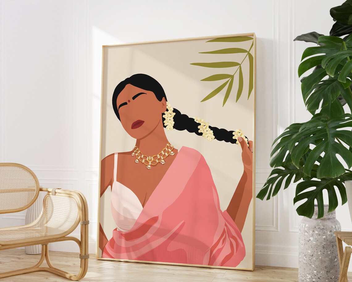 Modern Indian Woman in Saree Art Print, Desi Decor - Image 2