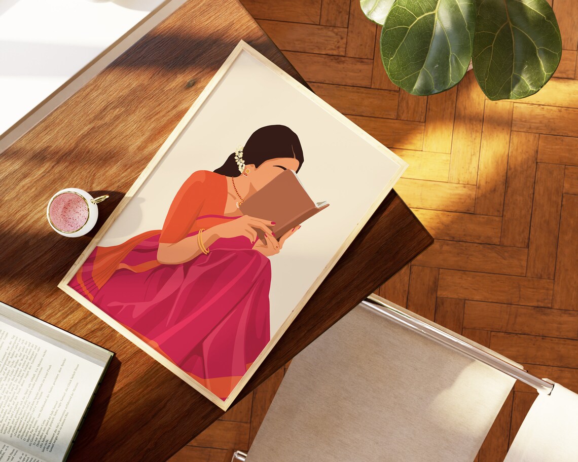 Women in Saree Reading Book, Boho Indian Art Print - Image 4