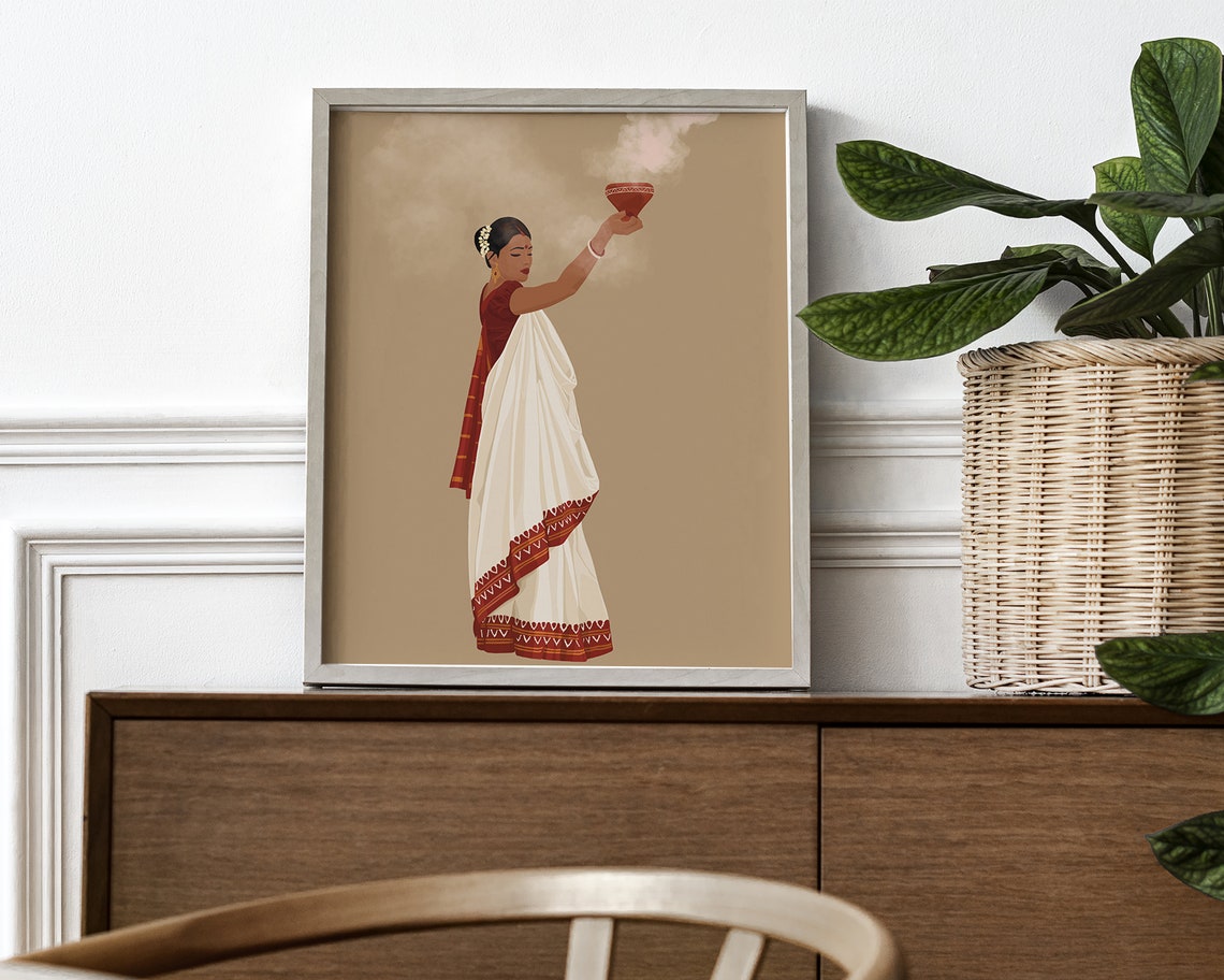Bengali Woman Dhunuchi Dance Art Kolkata Wall Art Desi Art South Asian Woman In Saree Brown Girl Indian Woman Art Bengali Home Decor - Image 3