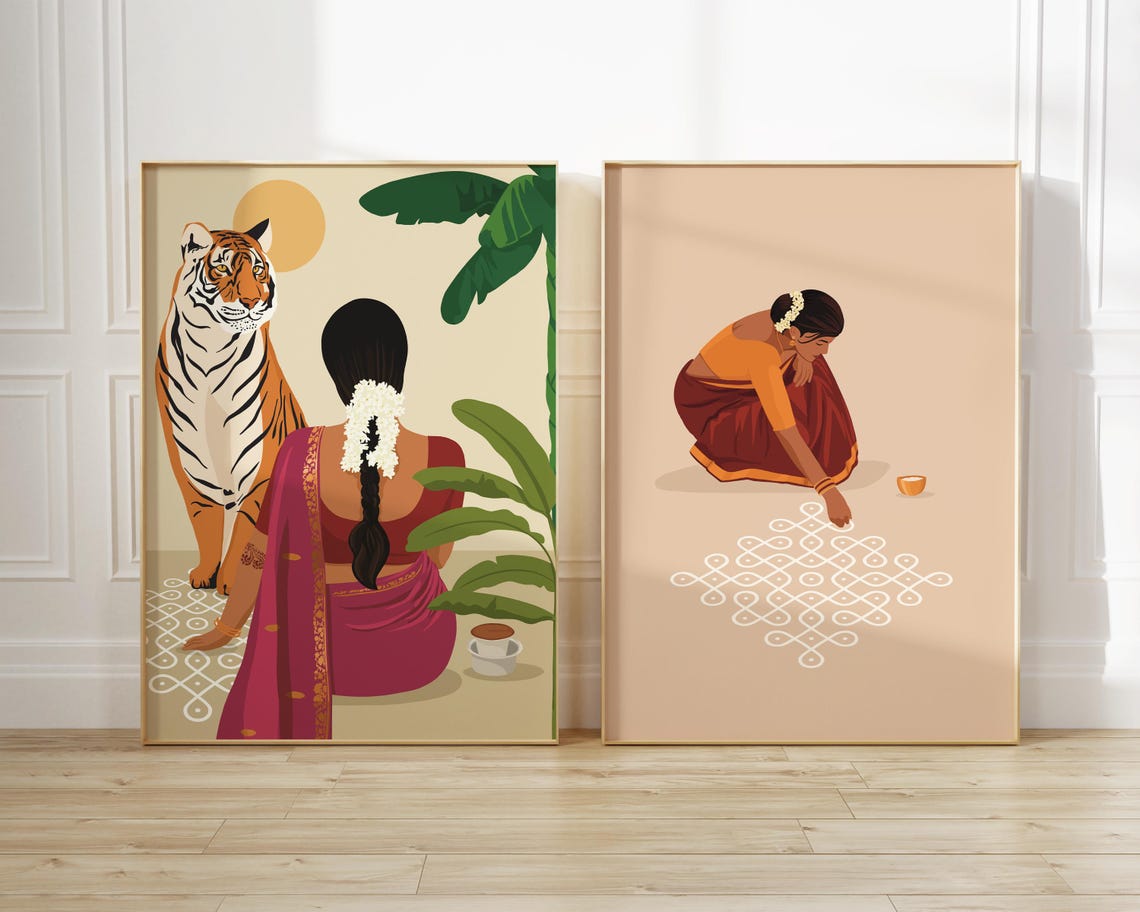 Indian Woman In Saree Art Rangoli Muggu Art Kolam Art Desi Art South Asian Art Indian Art Tamil Art Brown Girl Alpana Tiger Art - Image 2