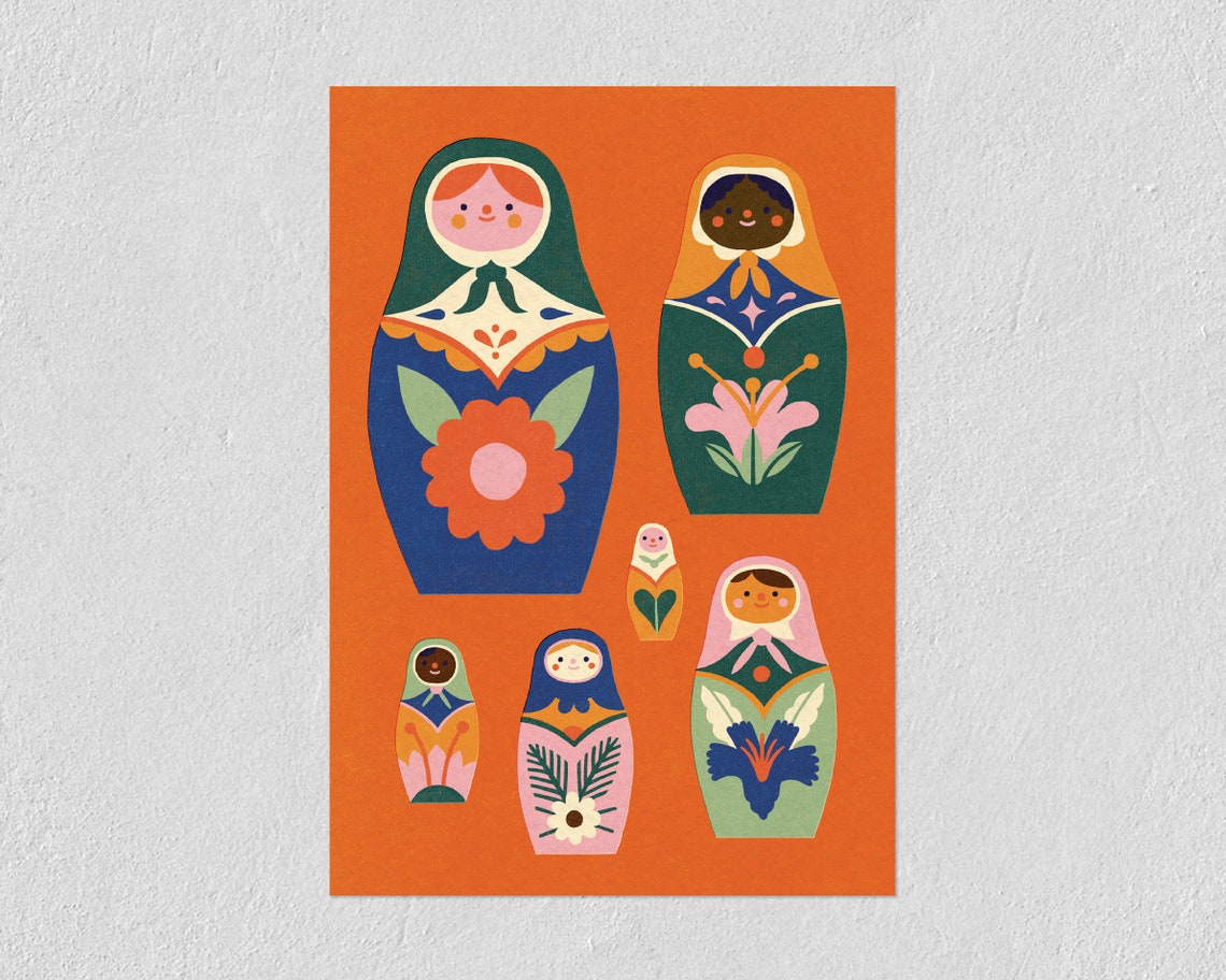 Colorful Matryoshka Nesting Dolls Russian Folk Art Illustration Poster