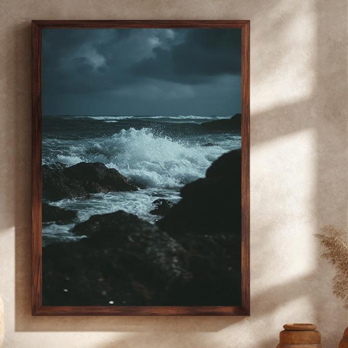 Stormy Night Ocean Waves Crashing Rocks Dark Seascape Art Poster