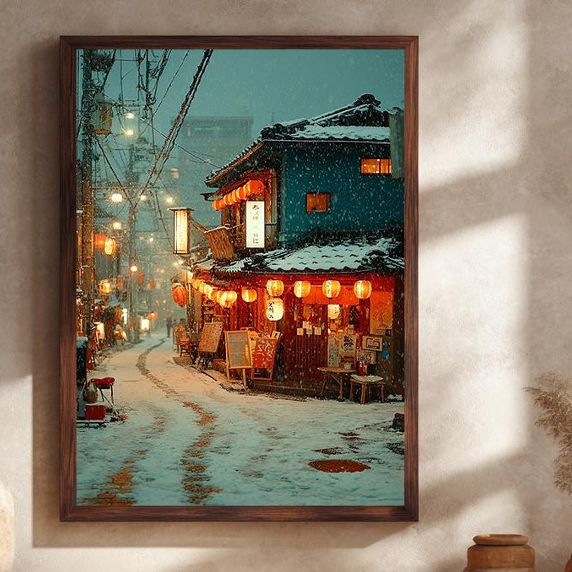 Japanese Snowy Lantern-Lit Alley Winter Night Street Art Print