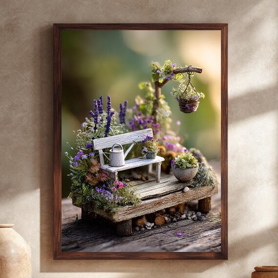 Miniature Fairy Garden Bench With Lavender And Hanging Basket Print