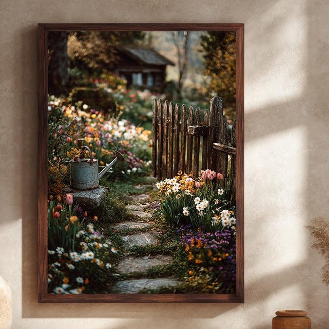 Rustic Cottage Garden Flowers Watering Can Wooden Gate Canvas Poster