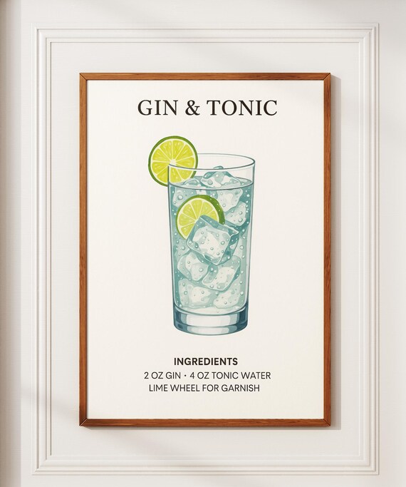 Gin and Tonic Lime Cocktail Recipe Ingredients Kitchen Bar Cart Wall Poster