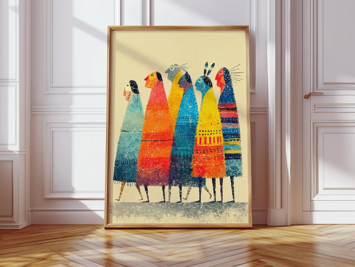 Tribal People Midcentury Modern Colorful Cultural Illustration Print