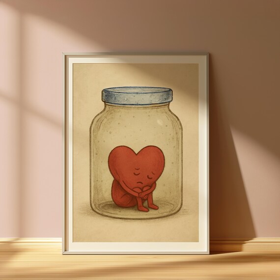 Sad Heart Trapped in Glass Jar Mental Health Illustration Poster