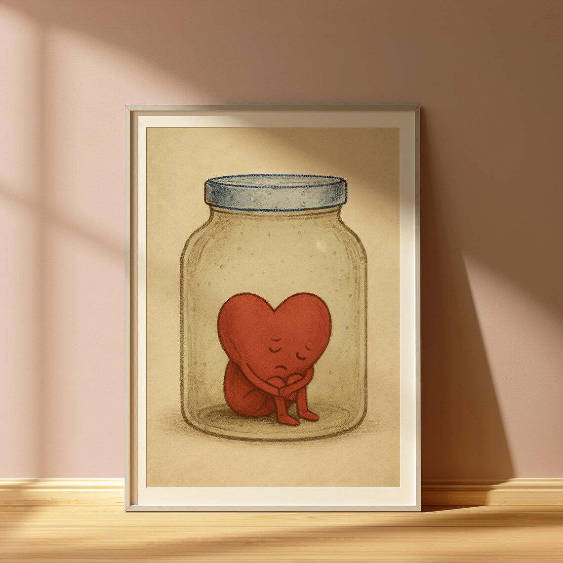 Sad Heart Trapped in Glass Jar Mental Health Illustration Poster