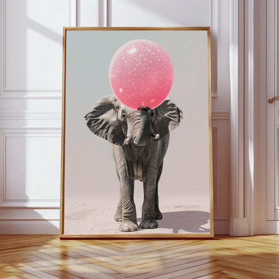 Whimsical Elephant Blowing Bubble Gum Surreal Safari Wall Art Print For Modern Home Decor