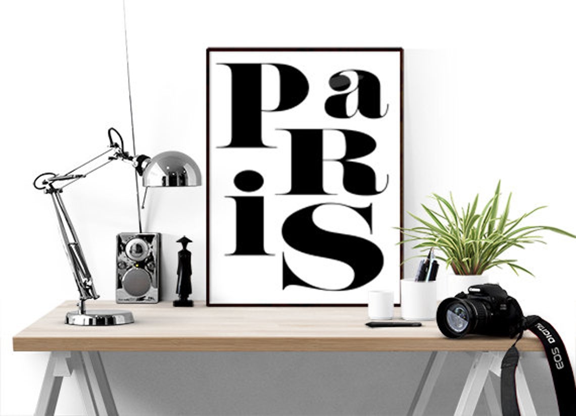 Paris Black White Typography Minimalist French City Wall Art