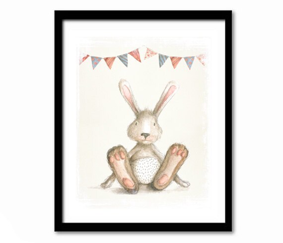 Watercolor Bunny Rabbit Bunting Flags Nursery Baby Shower Poster