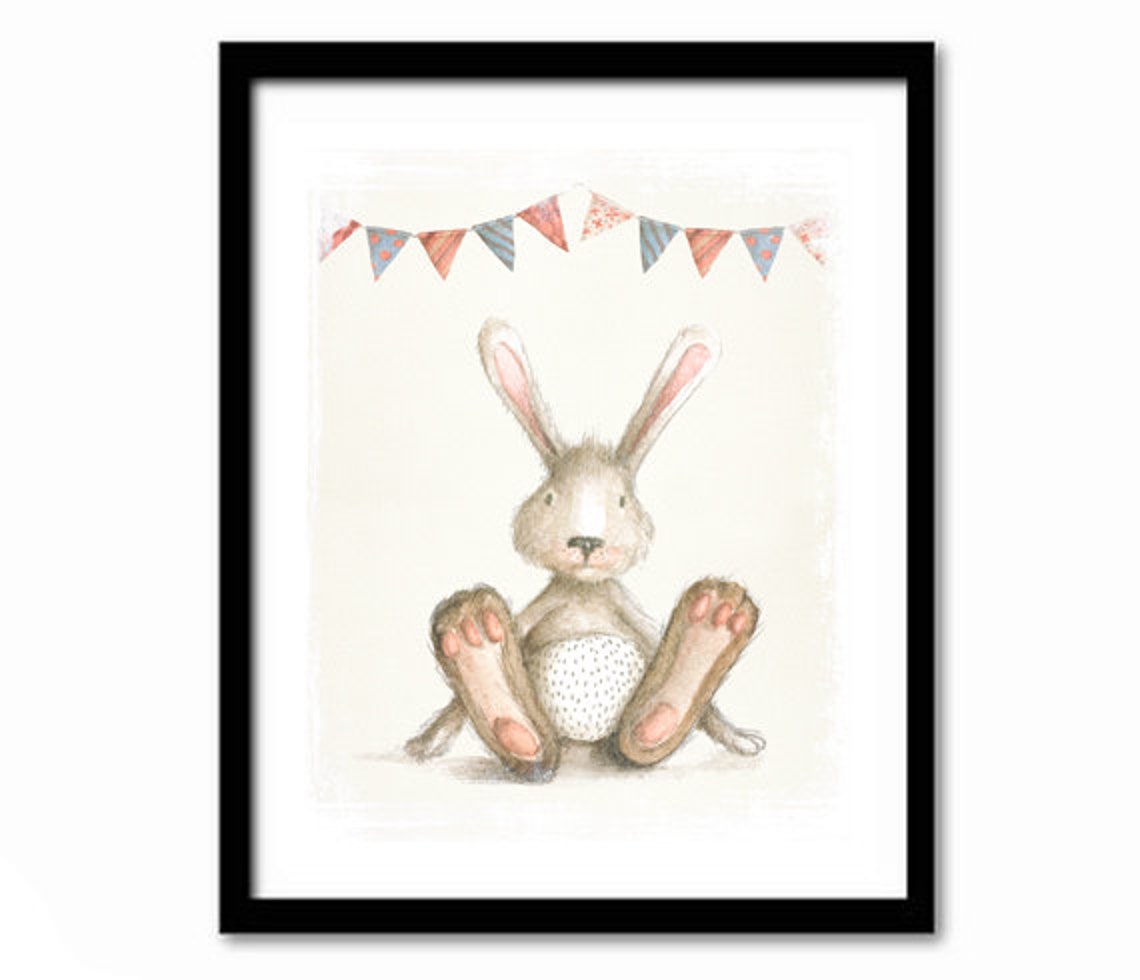 Watercolor Bunny Rabbit Bunting Flags Nursery Baby Shower Poster