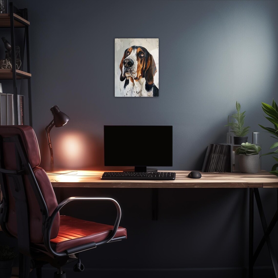Tricolor Hound Dog Portrait Droopy Ears Oil Painting Dog Lover Poster - Image 2