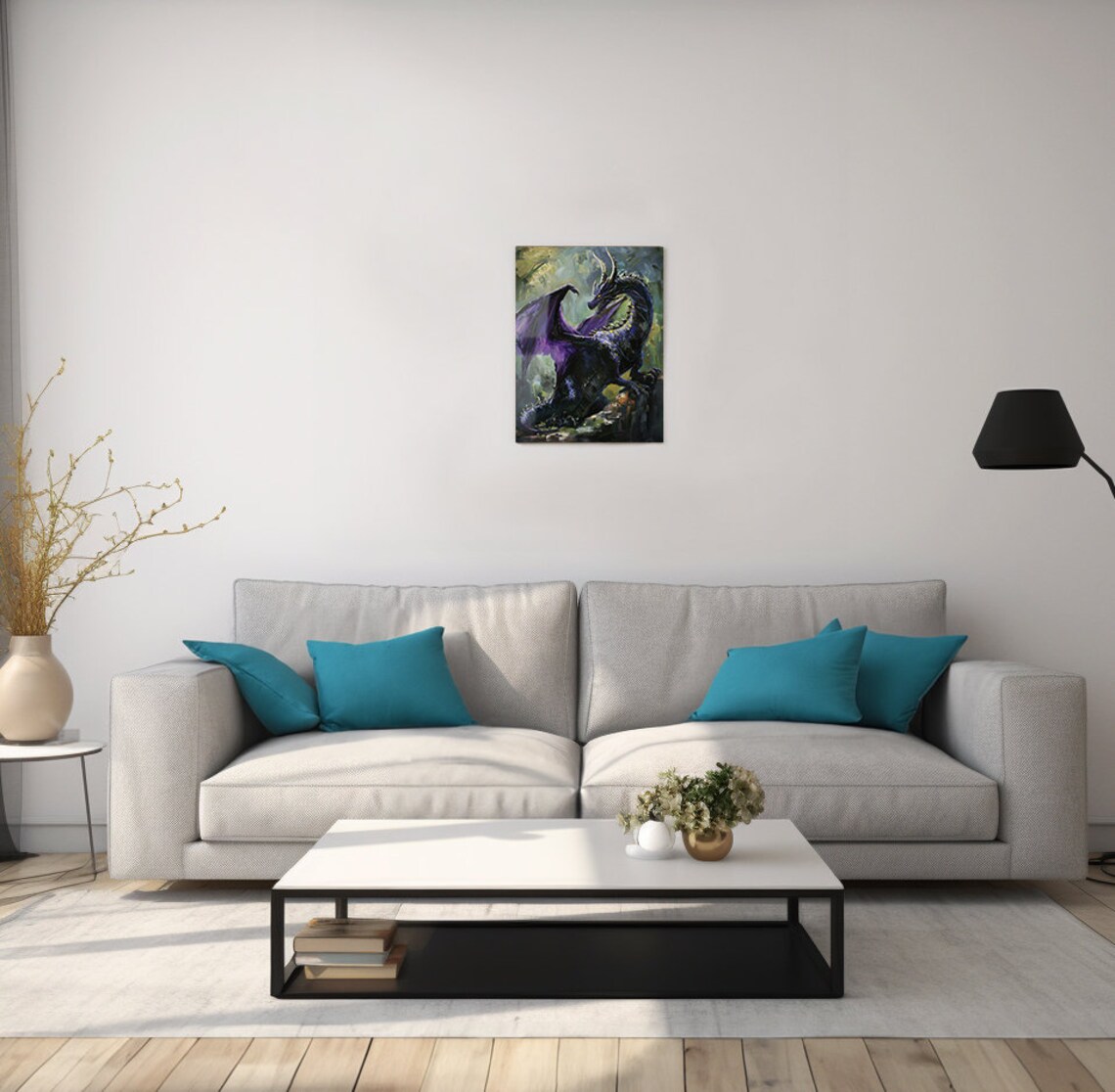 Majestic Purple Dragon Perched On Rock Oil Painting Style Fantasy Poster - Image 2
