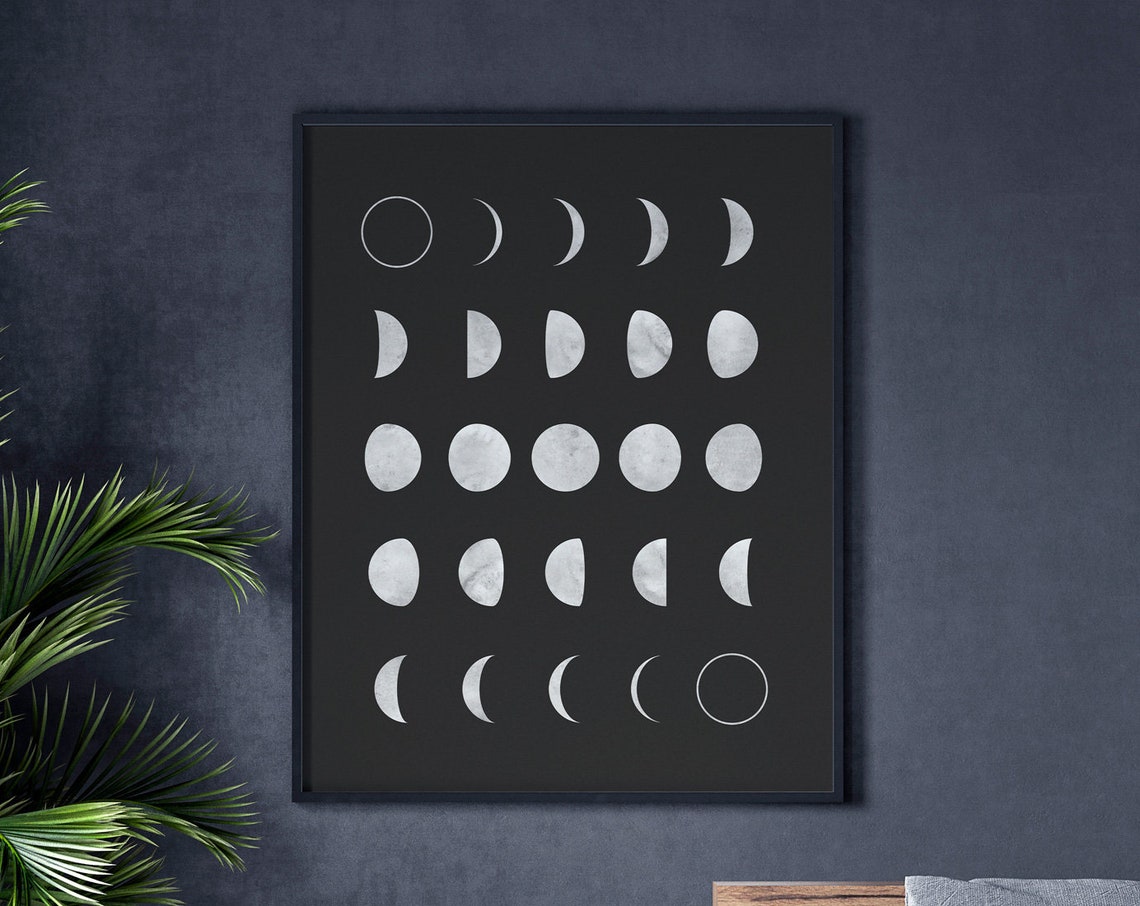 Moon Phases Black and White Art Print