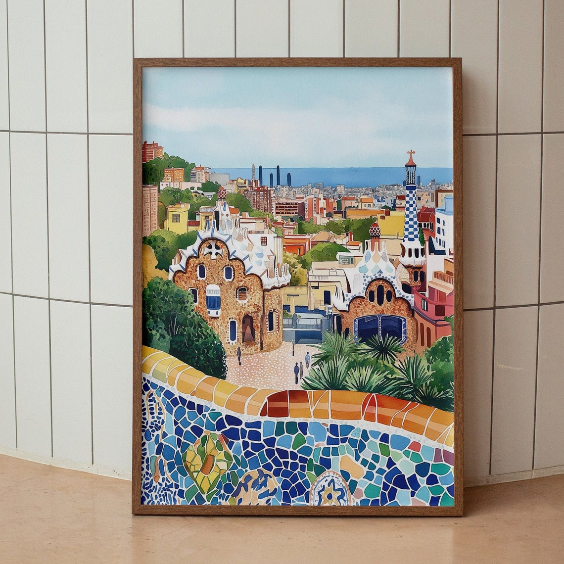Barcelona Spain Park Guell Mosaic Terrace Gaudi Watercolor Poster - Image 2