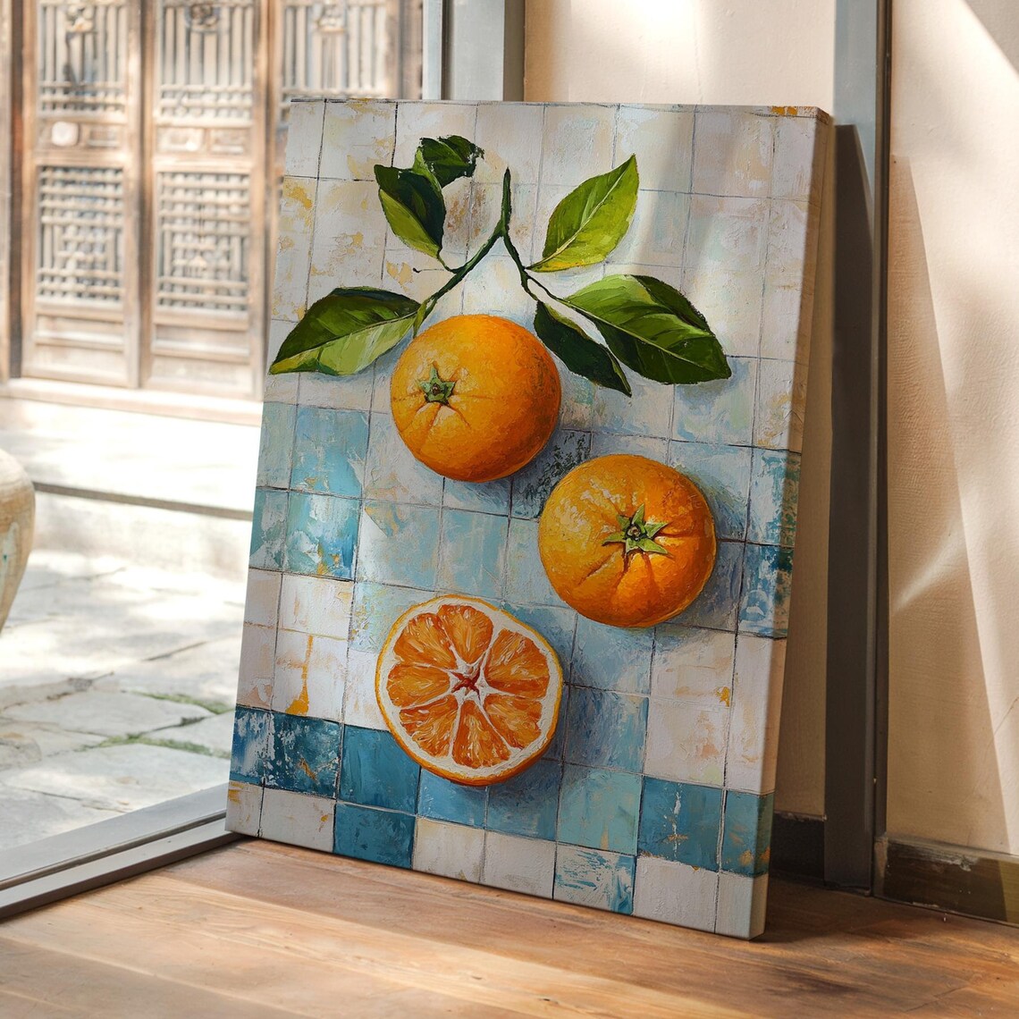 Vibrant Oranges With Leaves, Rustic Tile Background