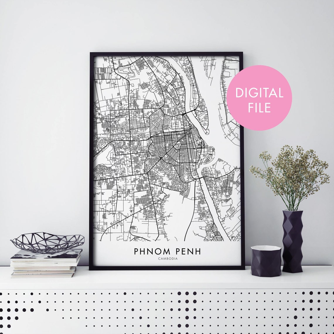 Minimal Black And White Phnom Penh Cambodia City Map Wall Art