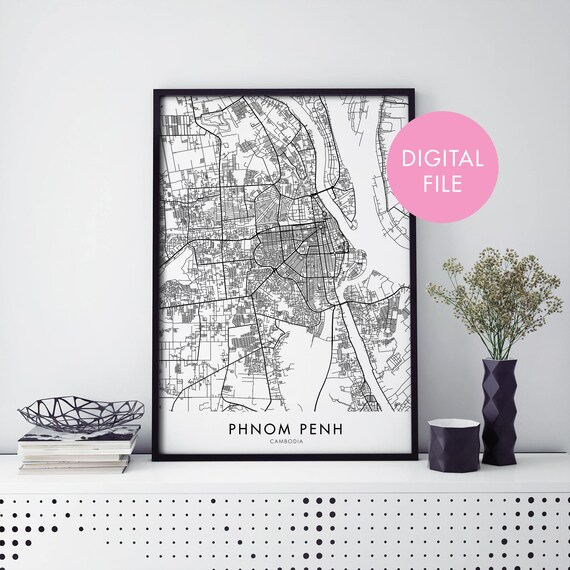 Minimal Black And White Phnom Penh Cambodia City Map Wall Art