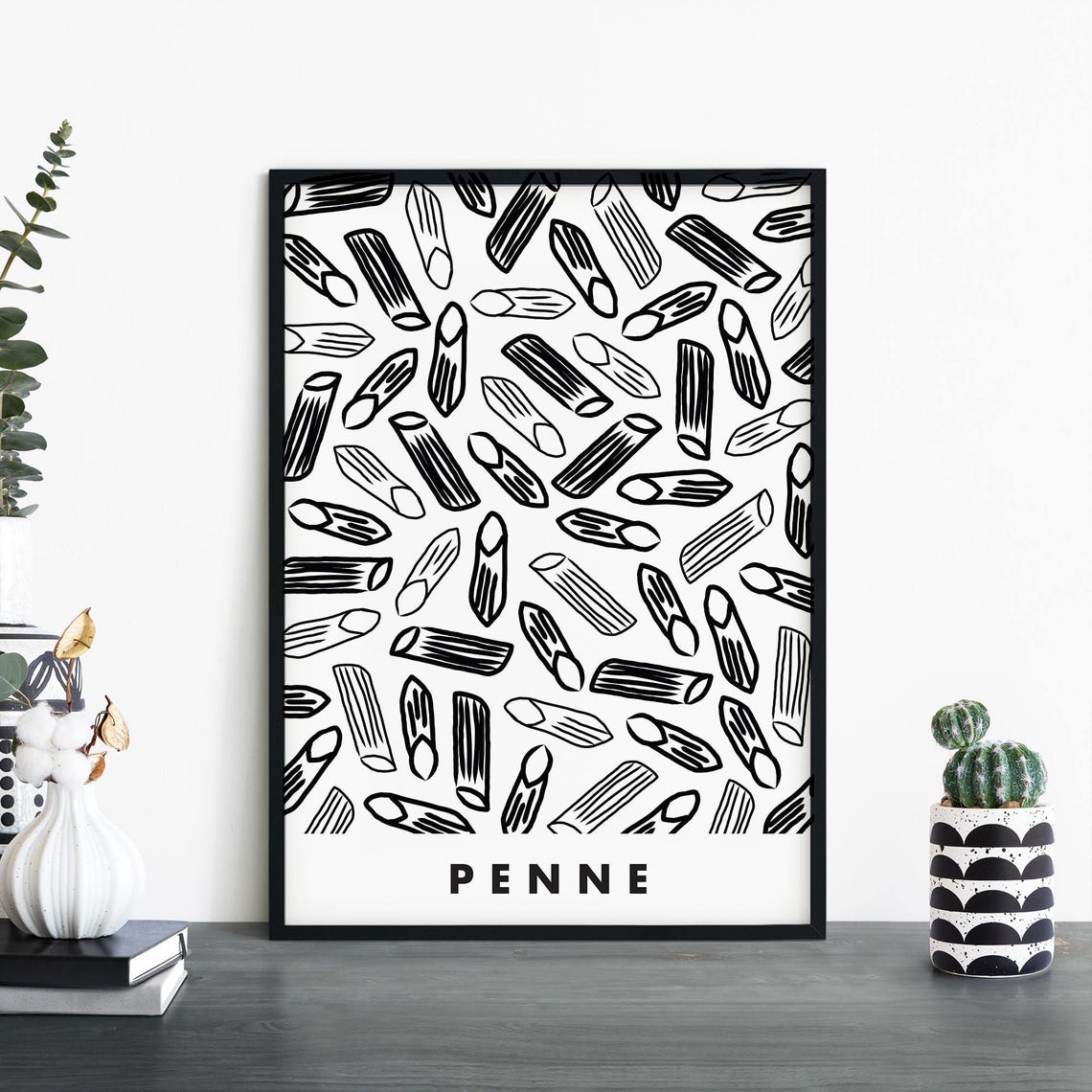 Penne Pasta Pattern Black And White Minimalist Kitchen Food Poster