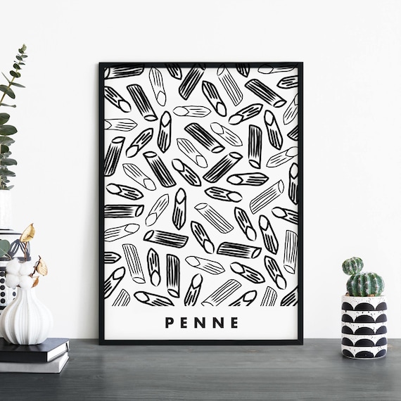 Penne Pasta Pattern Black And White Minimalist Kitchen Food Poster