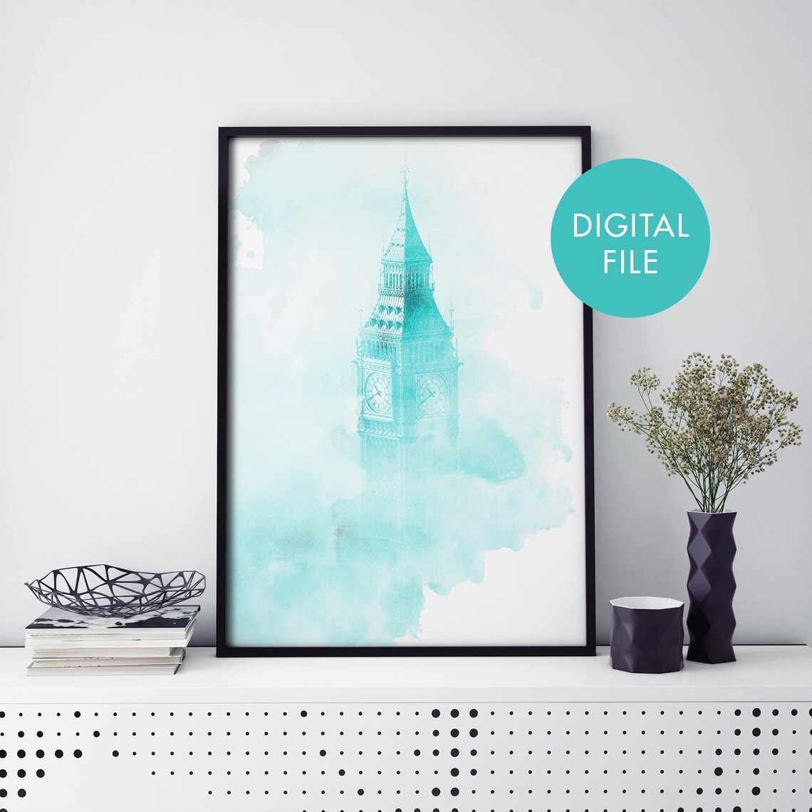 Big Ben London Teal Watercolor Clock Tower Travel Gift Decor Poster
