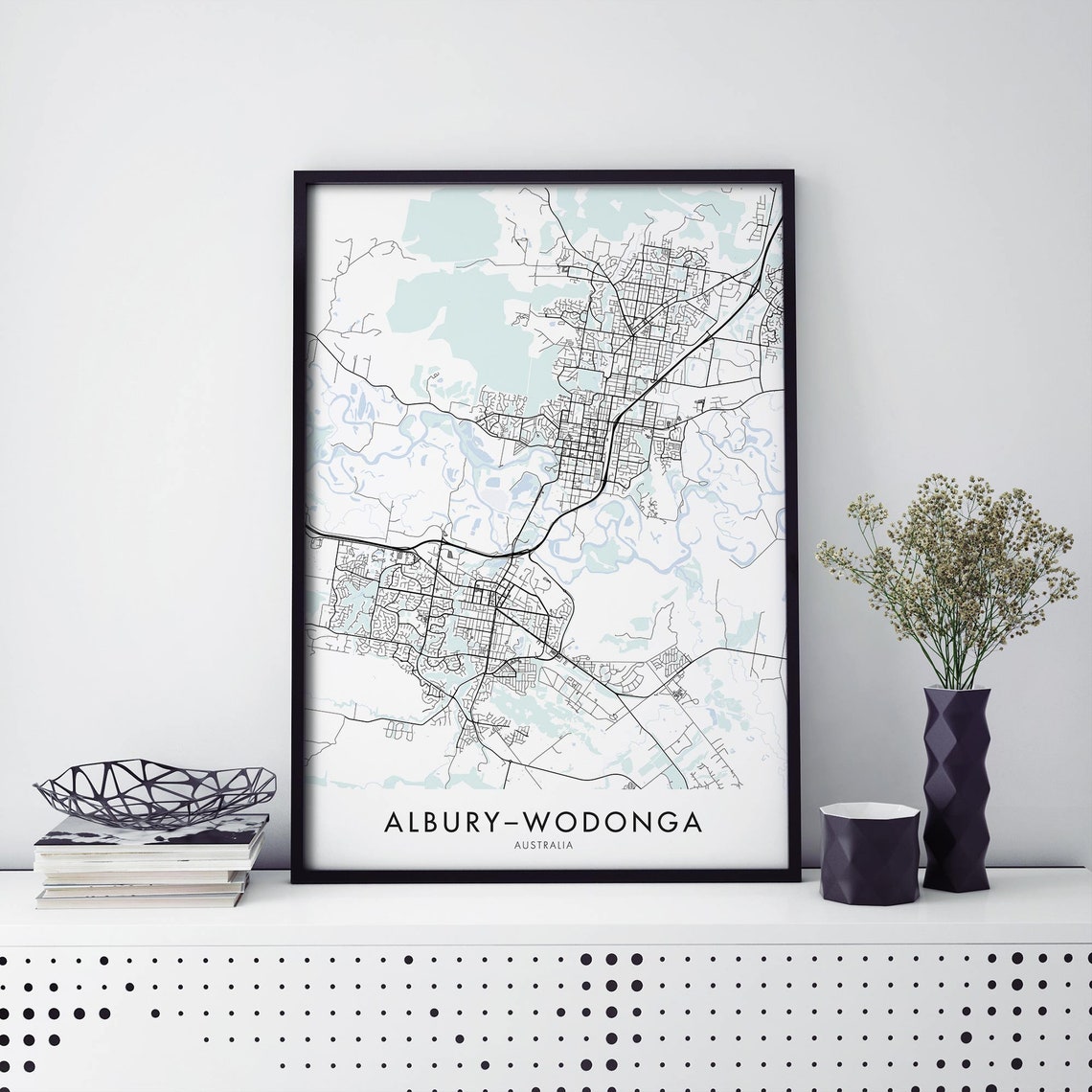 Albury Wodonga Australia Black White Street Map Line Art Print