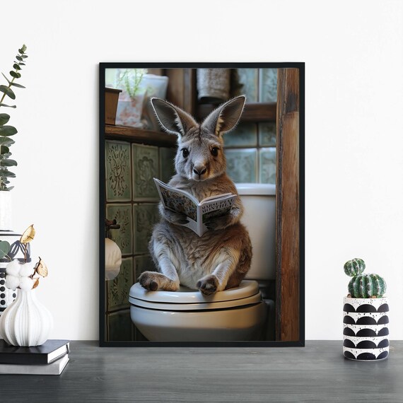 Funny Kangaroo on Toilet Reading Marsupial Monthly Bathroom Poster