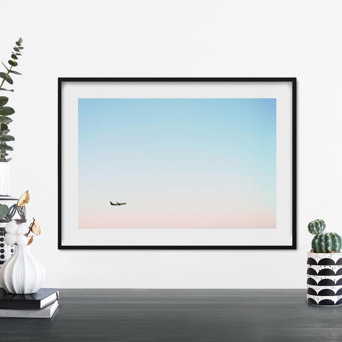 Minimalist Airplane Pastel Sky Photography Framed Art Poster