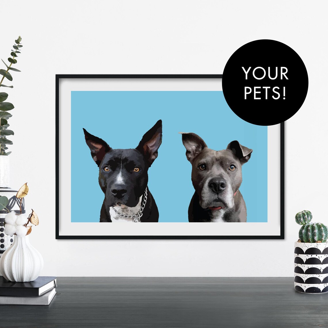 Custom Two Pet Portrait Personalized Dog Lover Photo Wall Poster