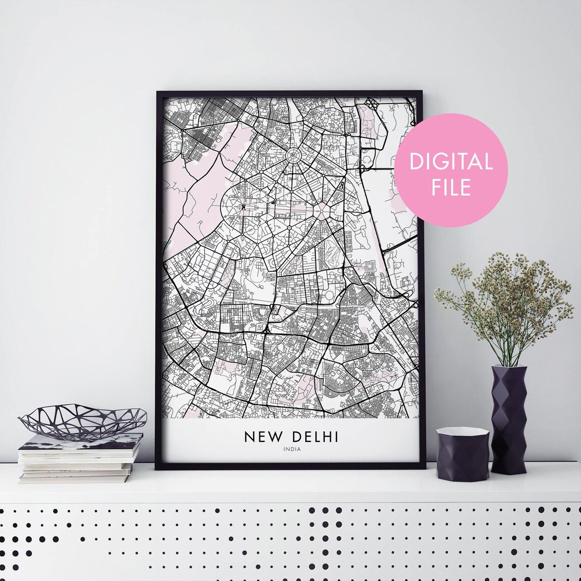 New Delhi India Minimalist City Map Travel Poster For Home Decor