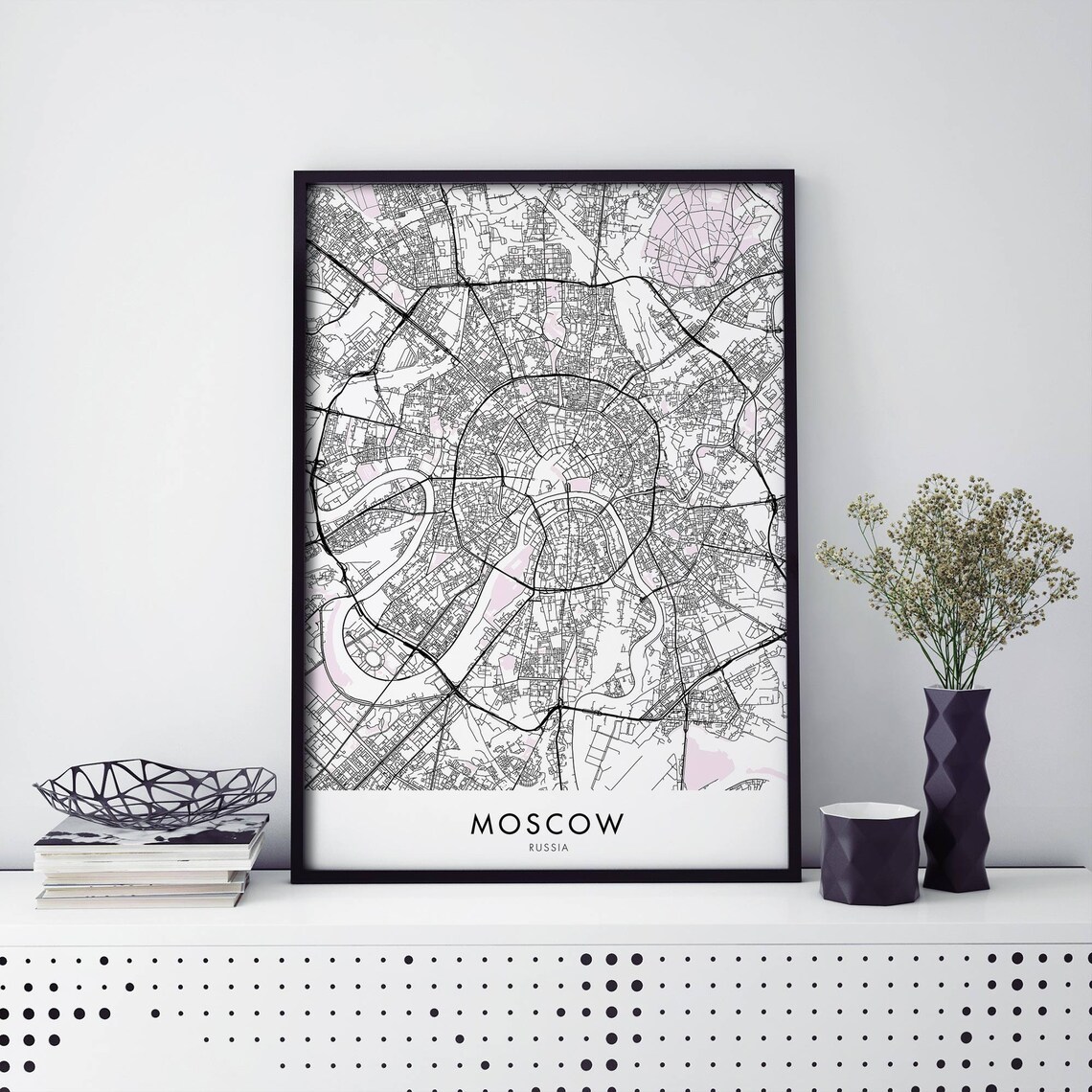 Moscow Russia Black and White Minimalist City Street Map Poster