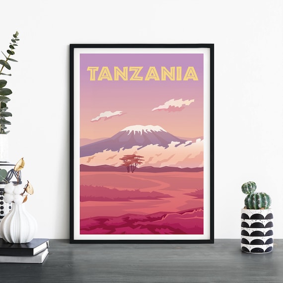 Tanzania Kilimanjaro Retro Safari Travel Illustration Poster