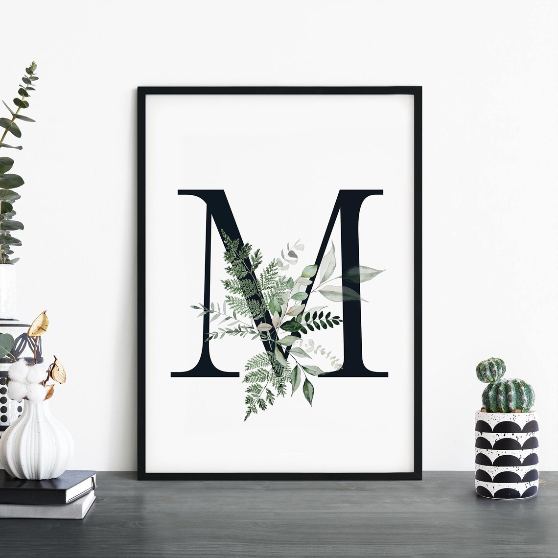 Botanical Letter M Monogram Print with Watercolor Green Foliage