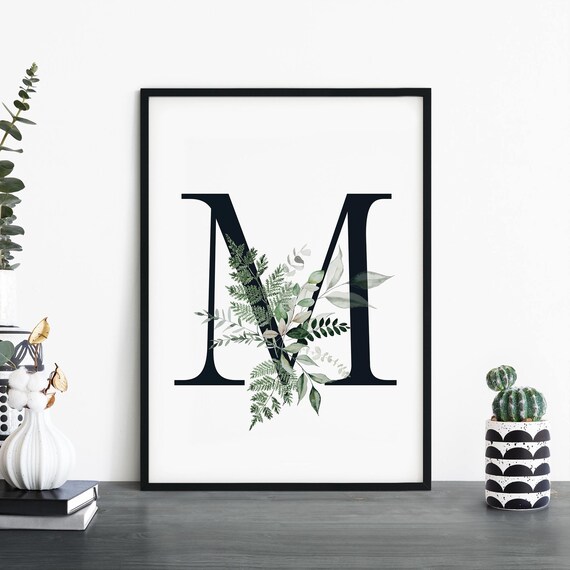 Botanical Letter M Monogram Print with Watercolor Green Foliage