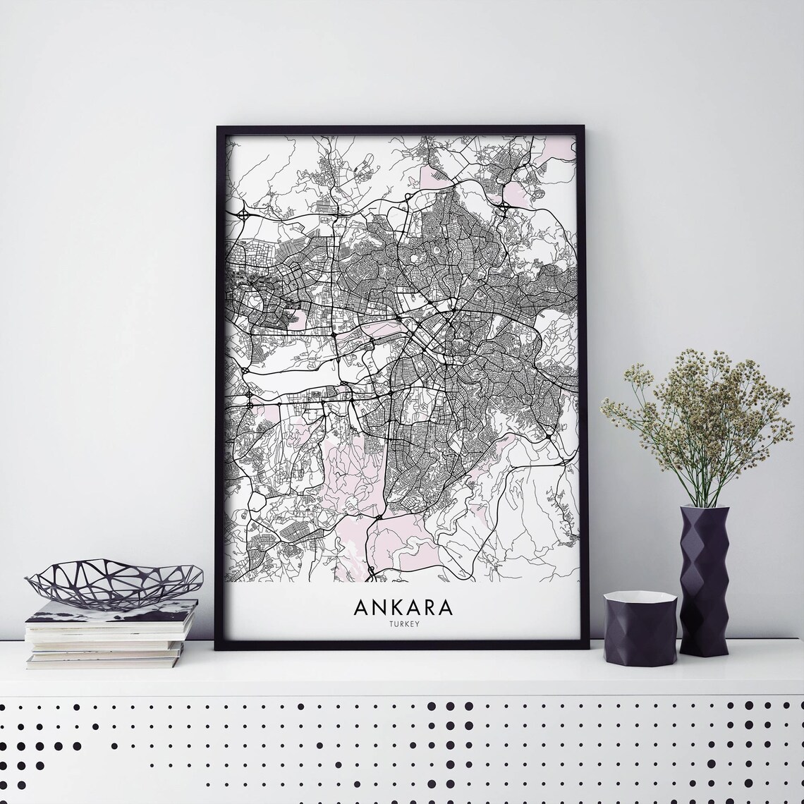 Ankara Turkey Monochrome City Street Map Grid Framed Style Poster