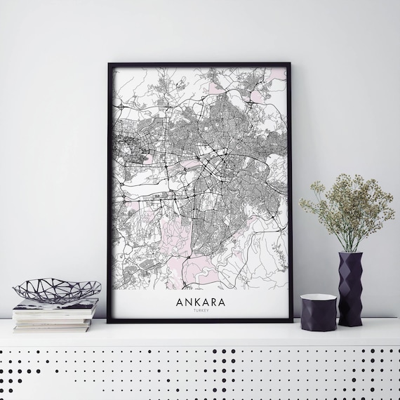 Ankara Turkey Monochrome City Street Map Grid Framed Style Poster
