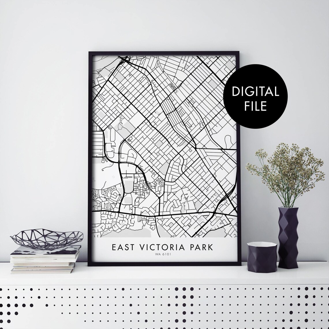 East Victoria Park Perth Black Line Street Map Travel Poster