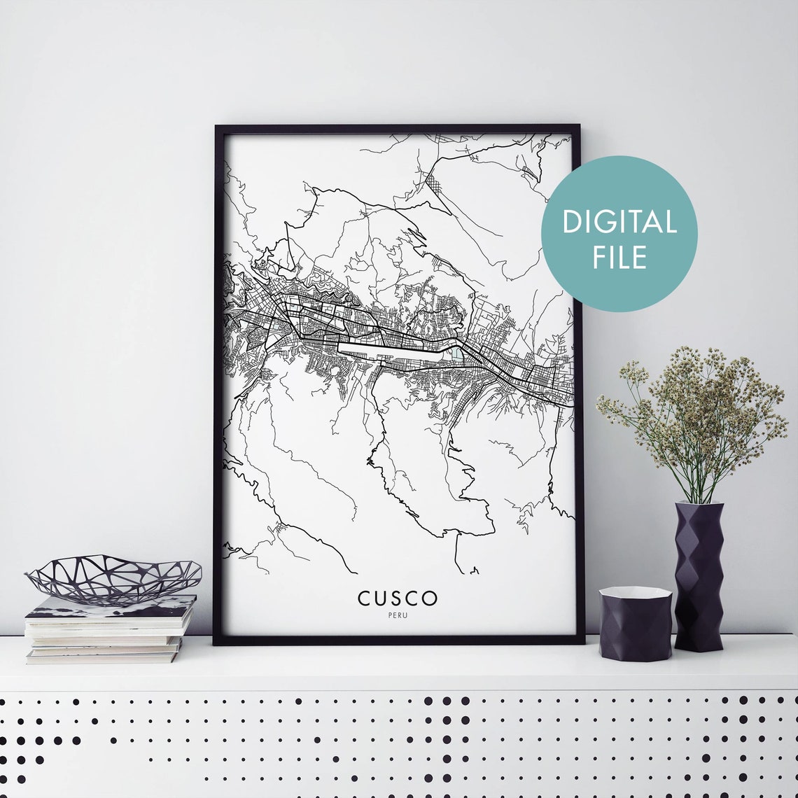 Cusco Peru Road Network Map Minimalist Black Line Art Poster