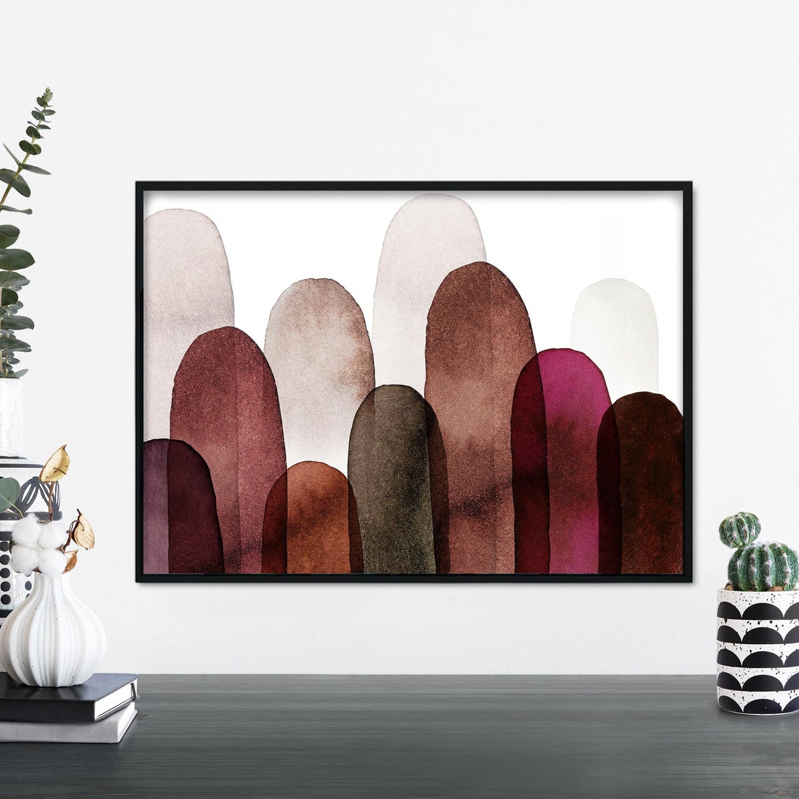 Watercolor Arch Domes Landscape Poster In Burgundy Rust Shades