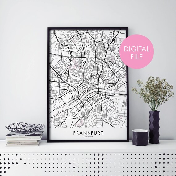 Frankfurt Germany City Map Black Street Lines Digital File Poster