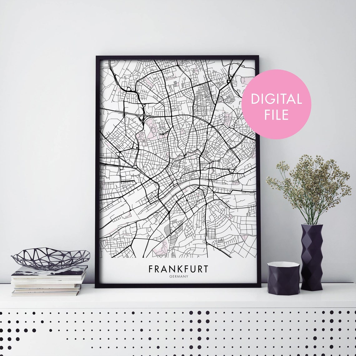 Frankfurt Germany City Map Black Street Lines Digital File Poster