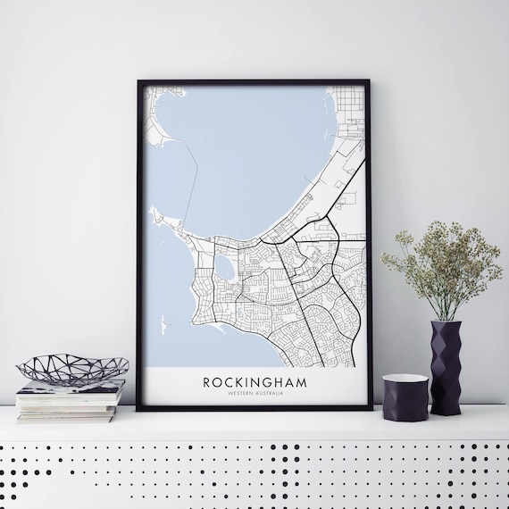 Rockingham Western Australia City Map Blue White Coastal Decor Poster