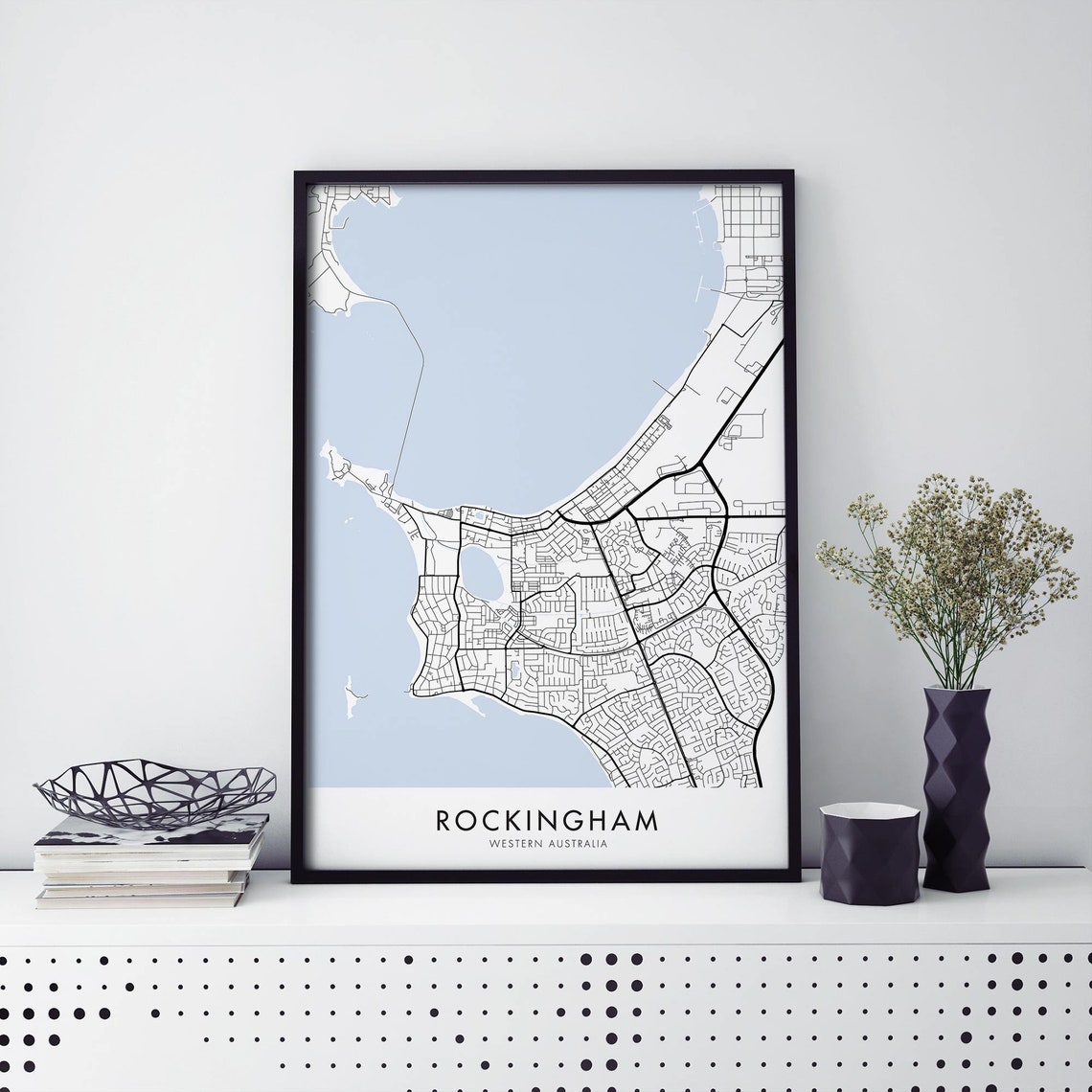 Rockingham Western Australia City Map Blue White Coastal Decor Poster