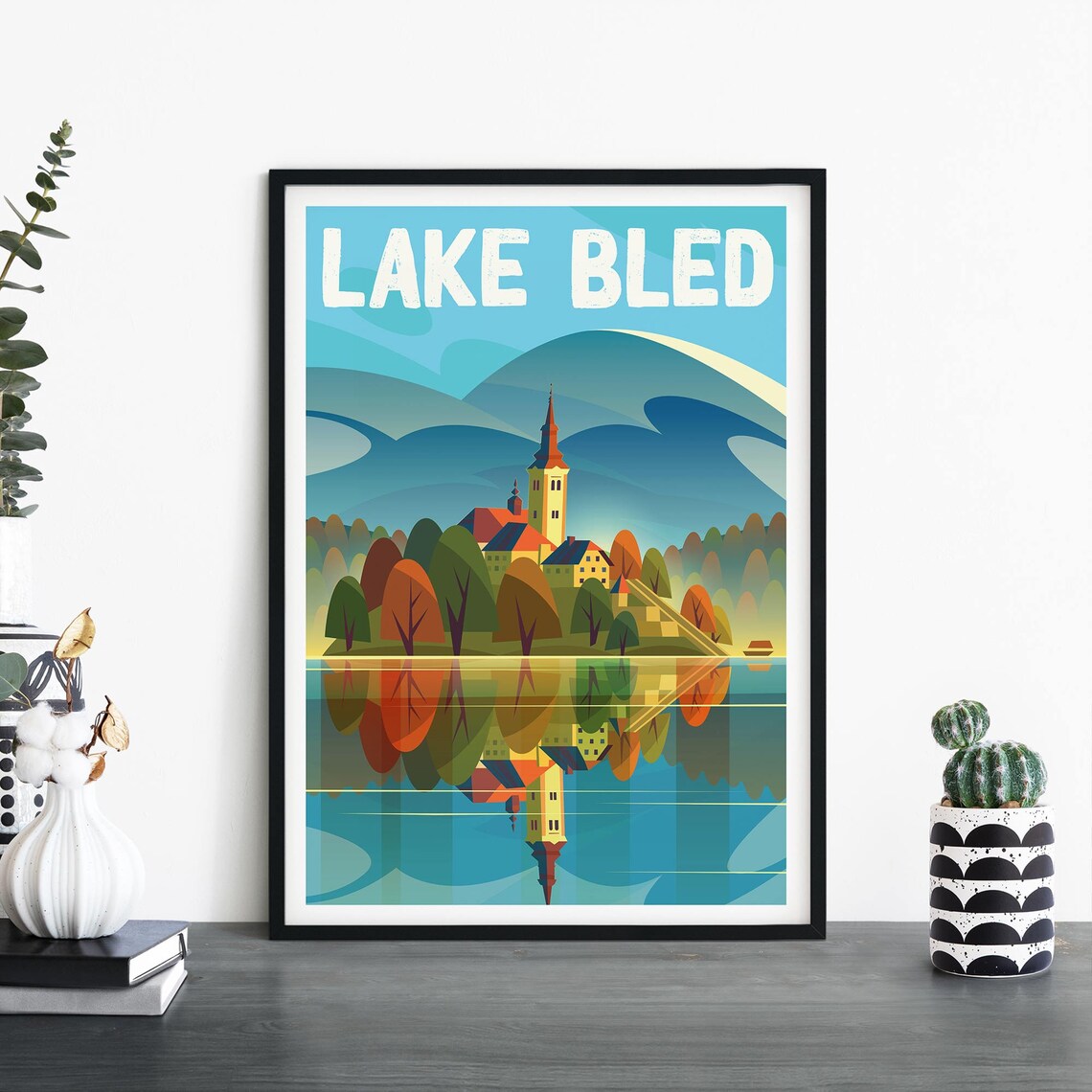 Lake Bled Slovenia Island Church Reflection Vintage Travel Poster