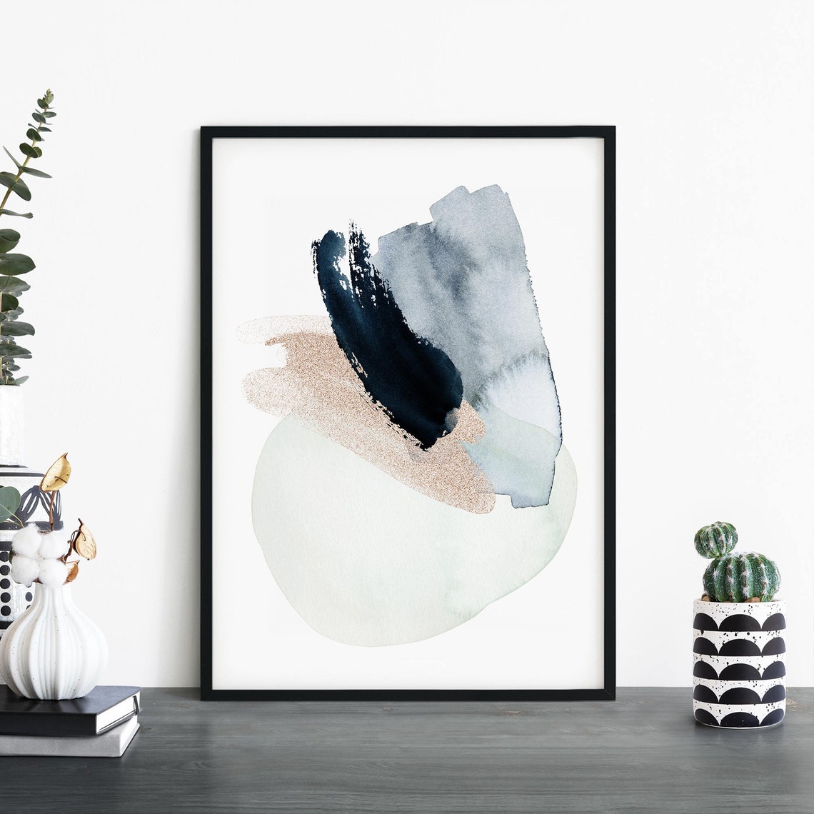 Navy Grey Brush Strokes Abstract Sage Gold Watercolor Poster