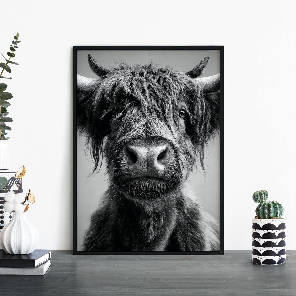 The Hairy Highlander Shaggy Highland Cow Black White Photo Poster