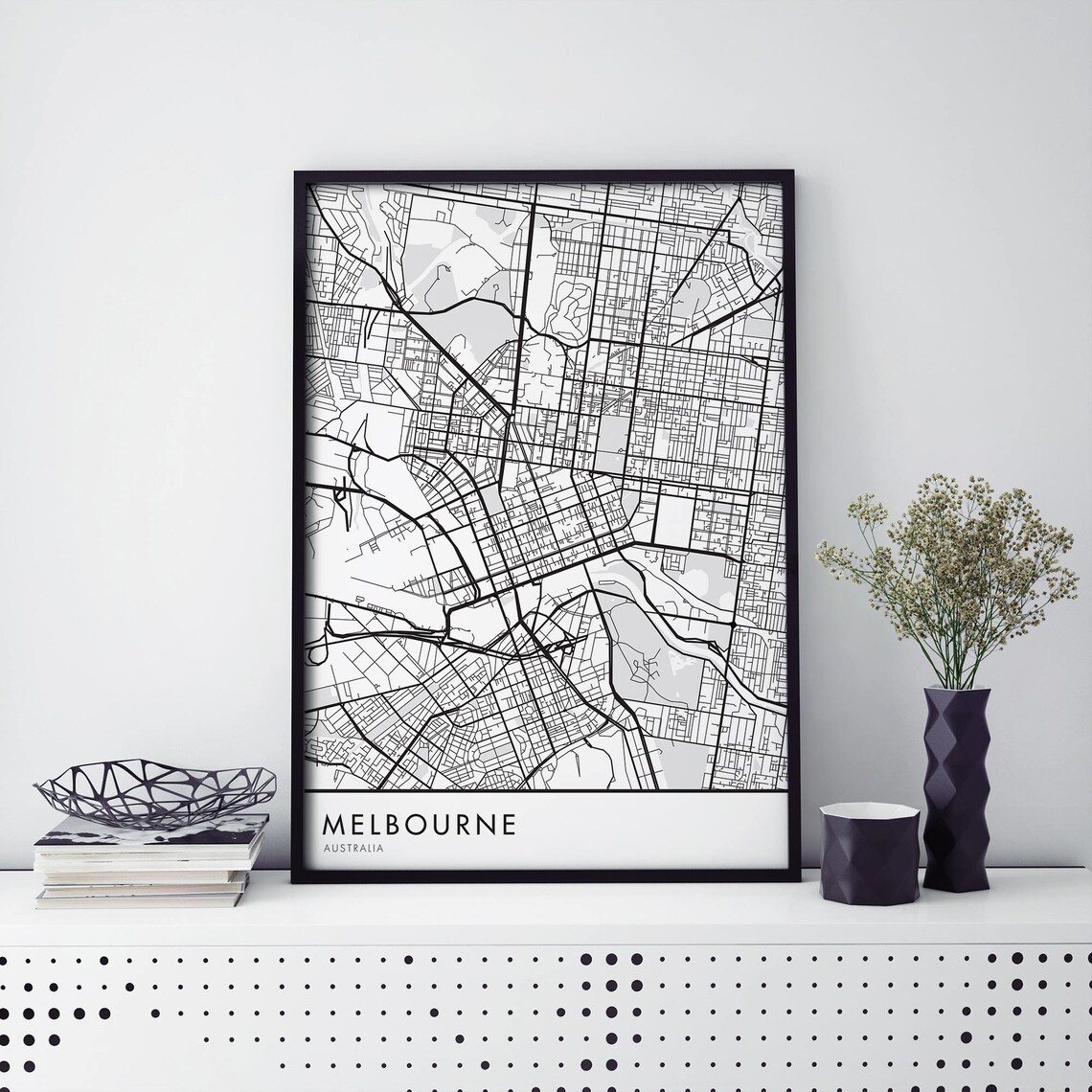 Minimalist Black and White Melbourne Australia City Street Map Poster